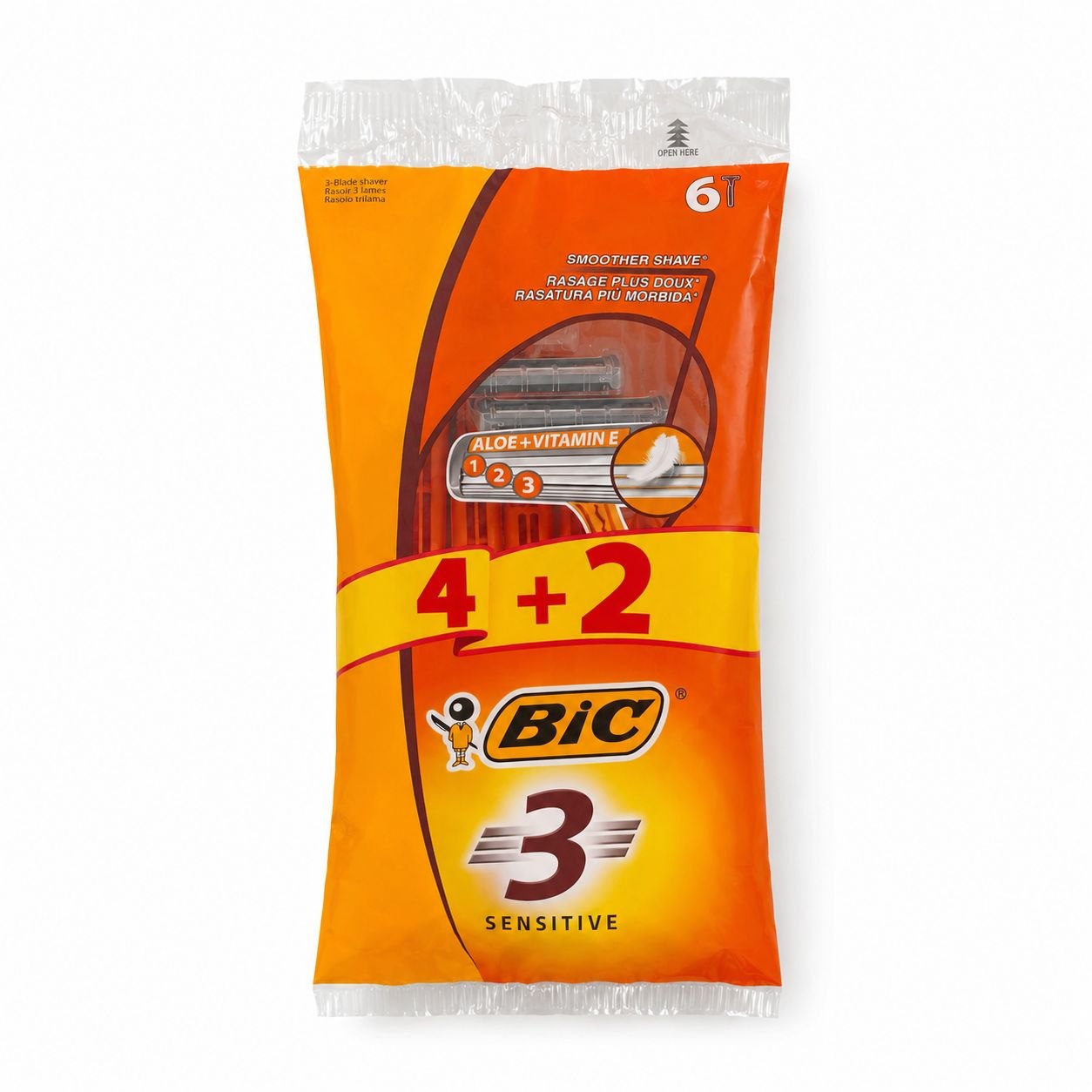 BIC 3 Sensitive одноразовые станки 6 шт (4+2) - Лицевая