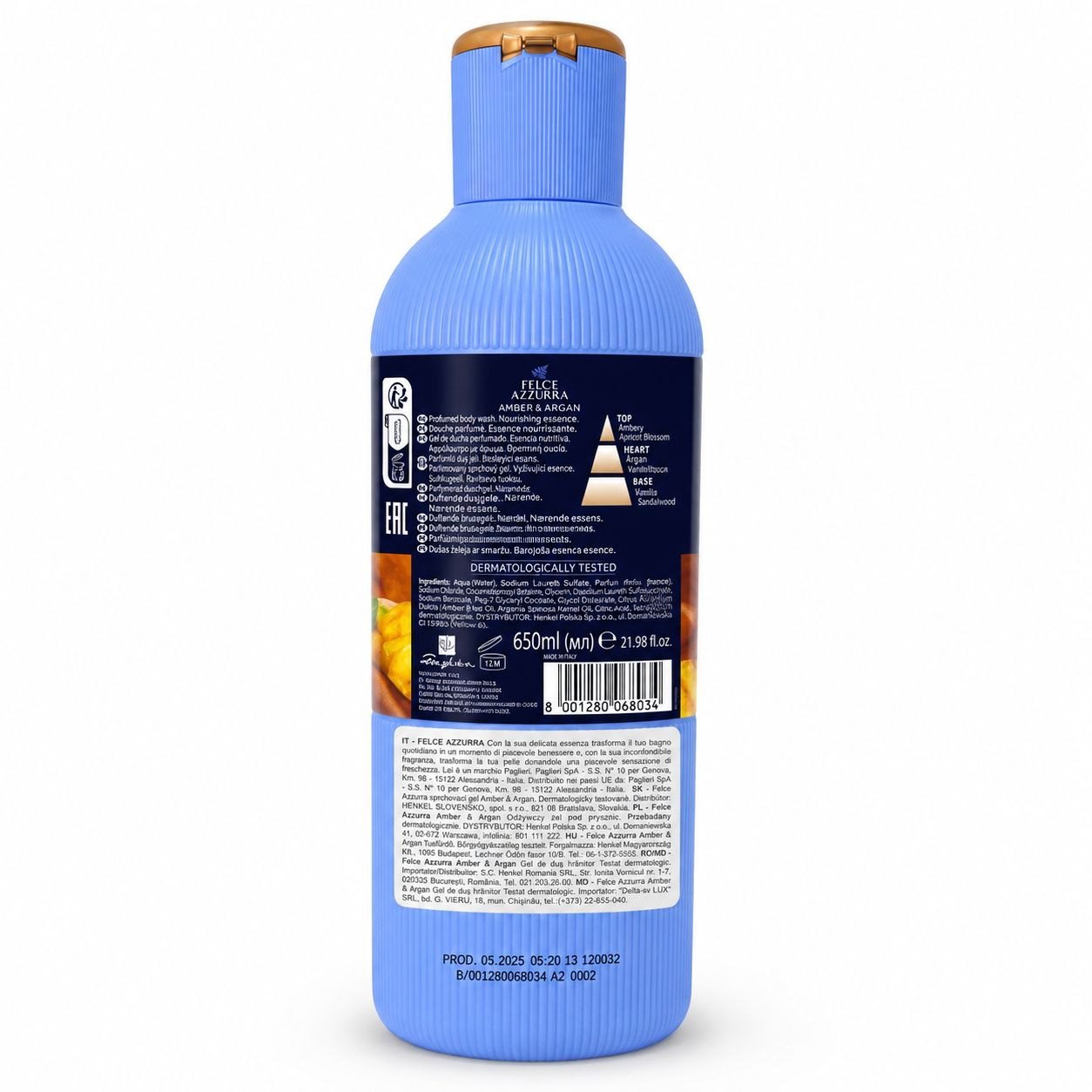 Felce Azzurra shower gel Amber & Argan 650 ml - Обратная