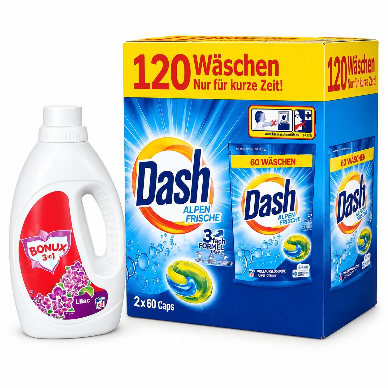 DASH CAPS (2х60шт+Bonux Gel) 3in1 Alpen Frische - Лицевая